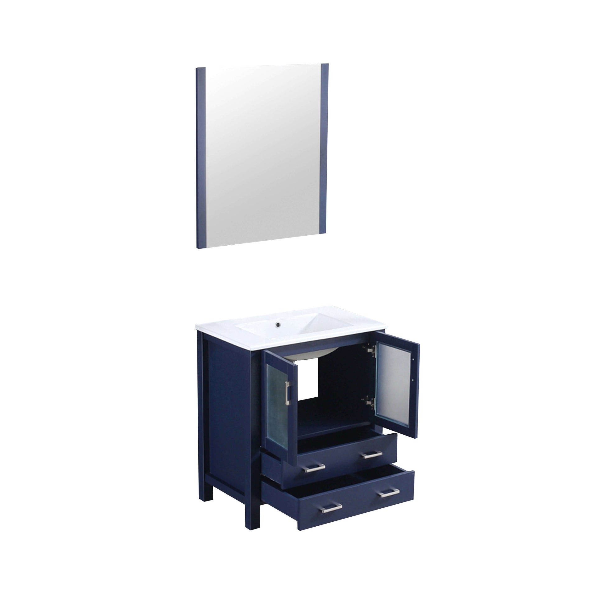 Volez 30" Navy Blue Single Vanity, Integrated Top, White Integrated Square Sink and 28" Mirror - LV341830SEESM28