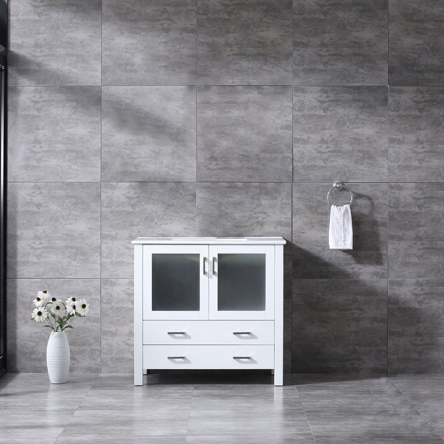 Volez 36" White Single Vanity, Integrated Top, White Integrated Square Sink and no Mirror - LV341836SAES000