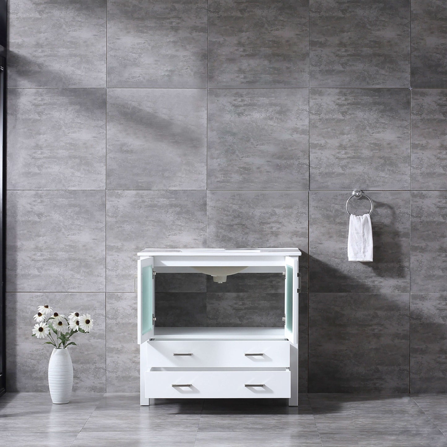 Volez 36" White Single Vanity, Integrated Top, White Integrated Square Sink and no Mirror - LV341836SAES000