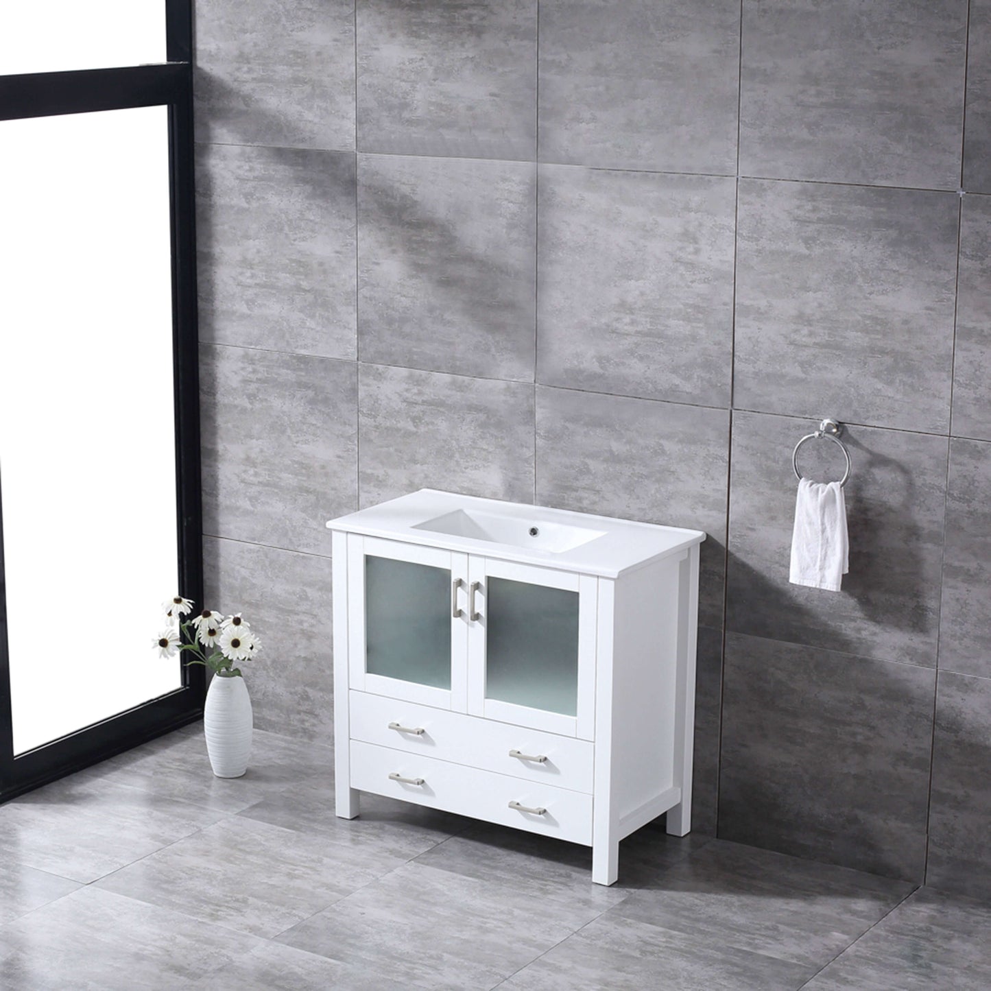 Volez 36" White Single Vanity, Integrated Top, White Integrated Square Sink and no Mirror - LV341836SAES000