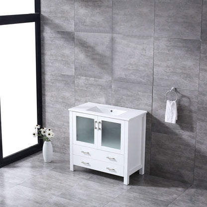 Volez 36" White Single Vanity, Integrated Top, White Integrated Square Sink and no Mirror - LV341836SAES000