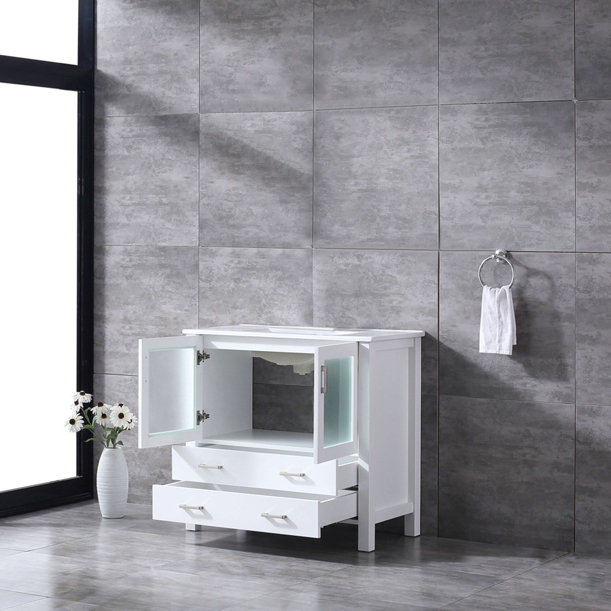 Volez 36" White Single Vanity, Integrated Top, White Integrated Square Sink and no Mirror - LV341836SAES000