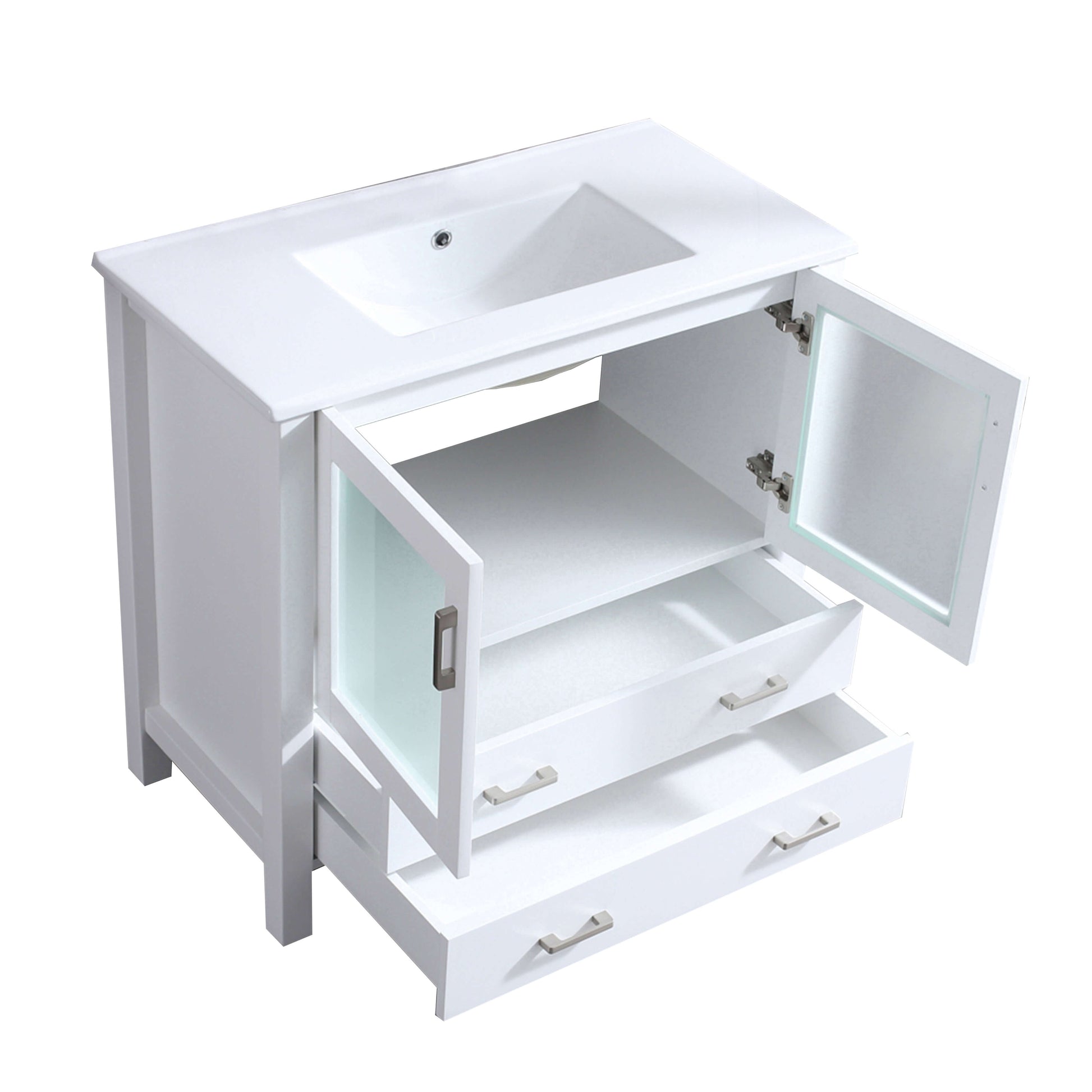 Volez 36" White Single Vanity, Integrated Top, White Integrated Square Sink and no Mirror - LV341836SAES000