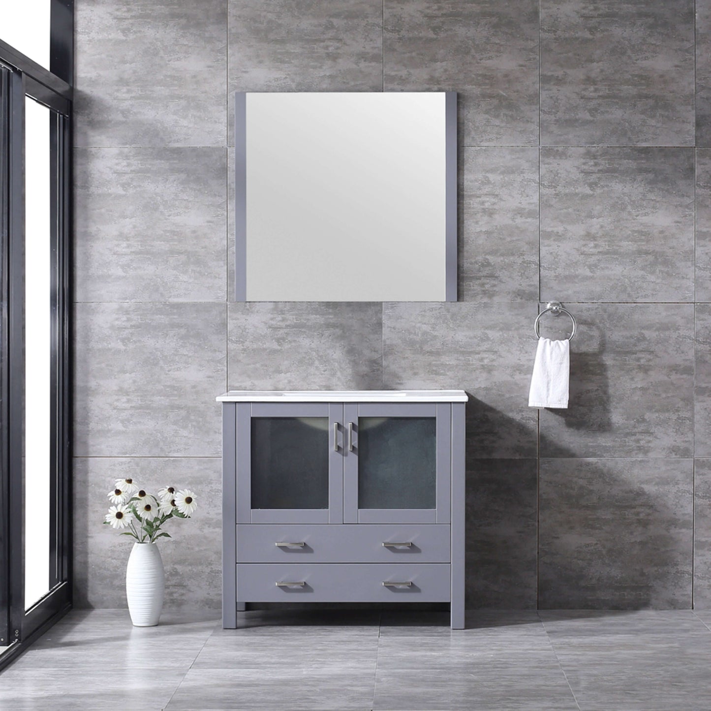 Volez 36" Dark Grey Single Vanity, Integrated Top, White Integrated Square Sink and 34" Mirror - LV341836SBESM34