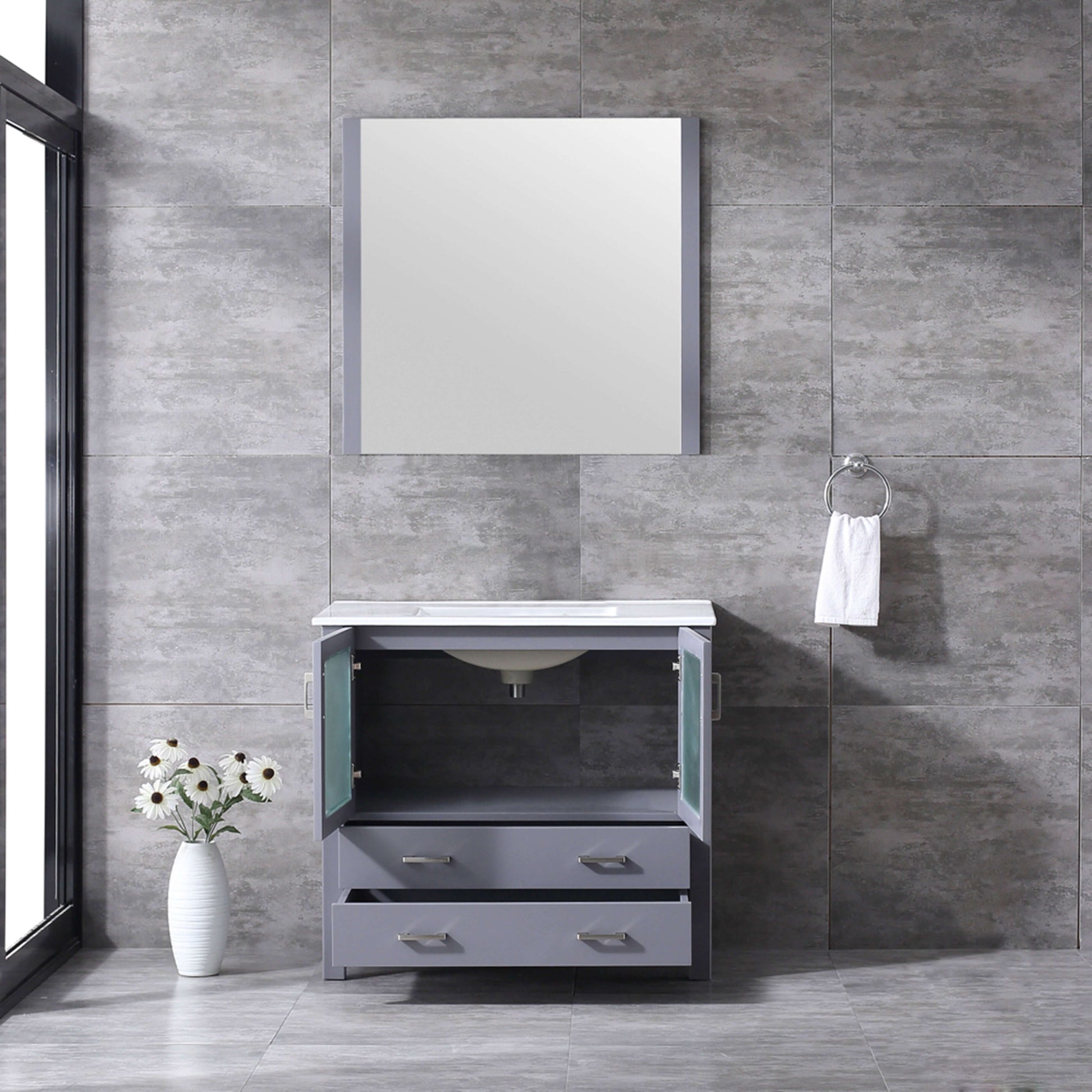 Volez 36" Dark Grey Single Vanity, Integrated Top, White Integrated Square Sink and 34" Mirror - LV341836SBESM34