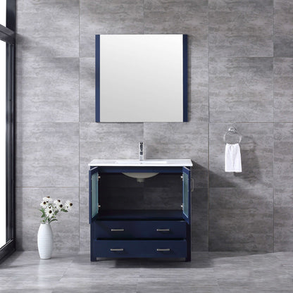 Volez 36" Navy Blue Single Vanity, Integrated Top, White Integrated Square Sink and 34" Mirror - LV341836SEESM34