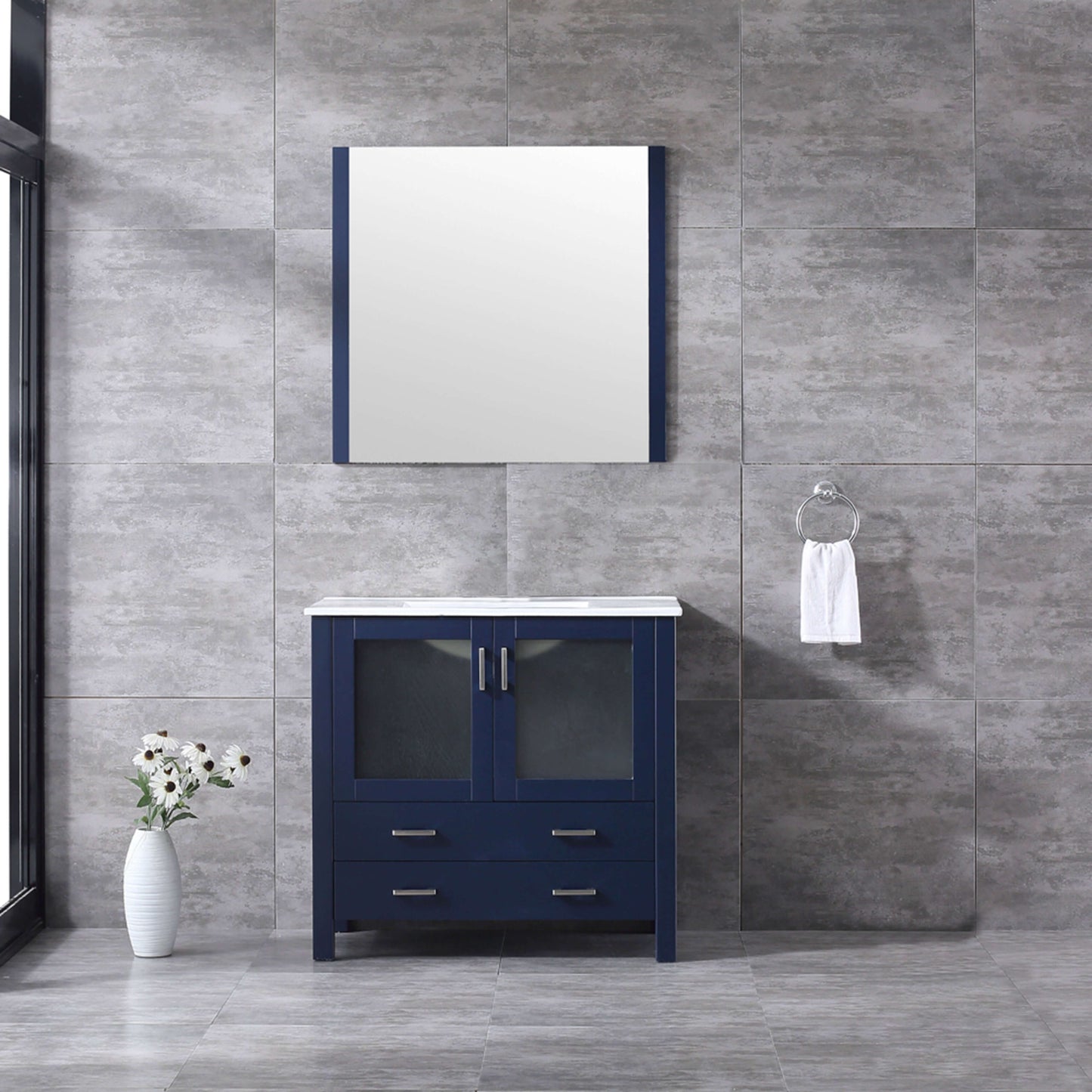 Volez 36" Navy Blue Single Vanity, Integrated Top, White Integrated Square Sink and 34" Mirror - LV341836SEESM34