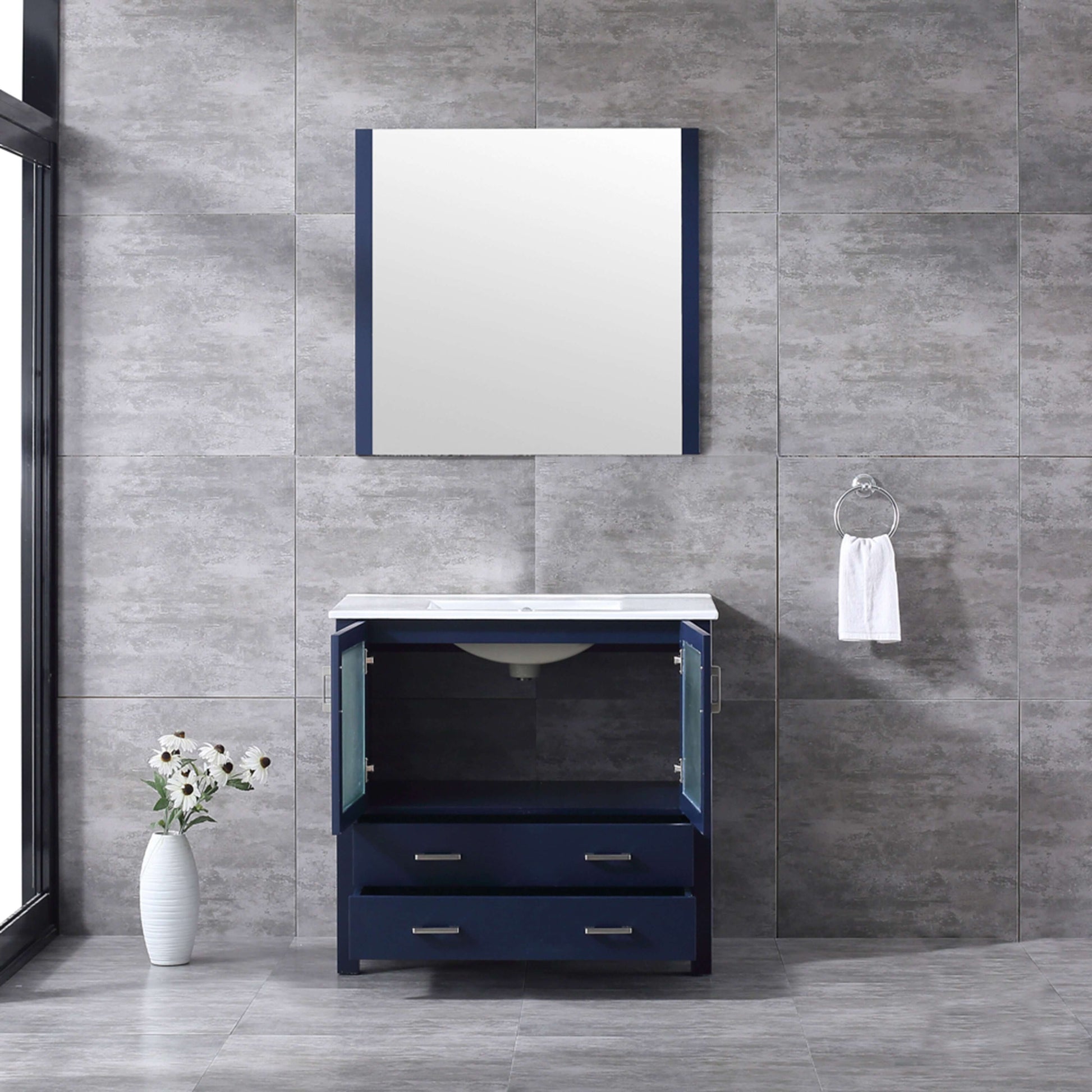 Volez 36" Navy Blue Single Vanity, Integrated Top, White Integrated Square Sink and 34" Mirror - LV341836SEESM34