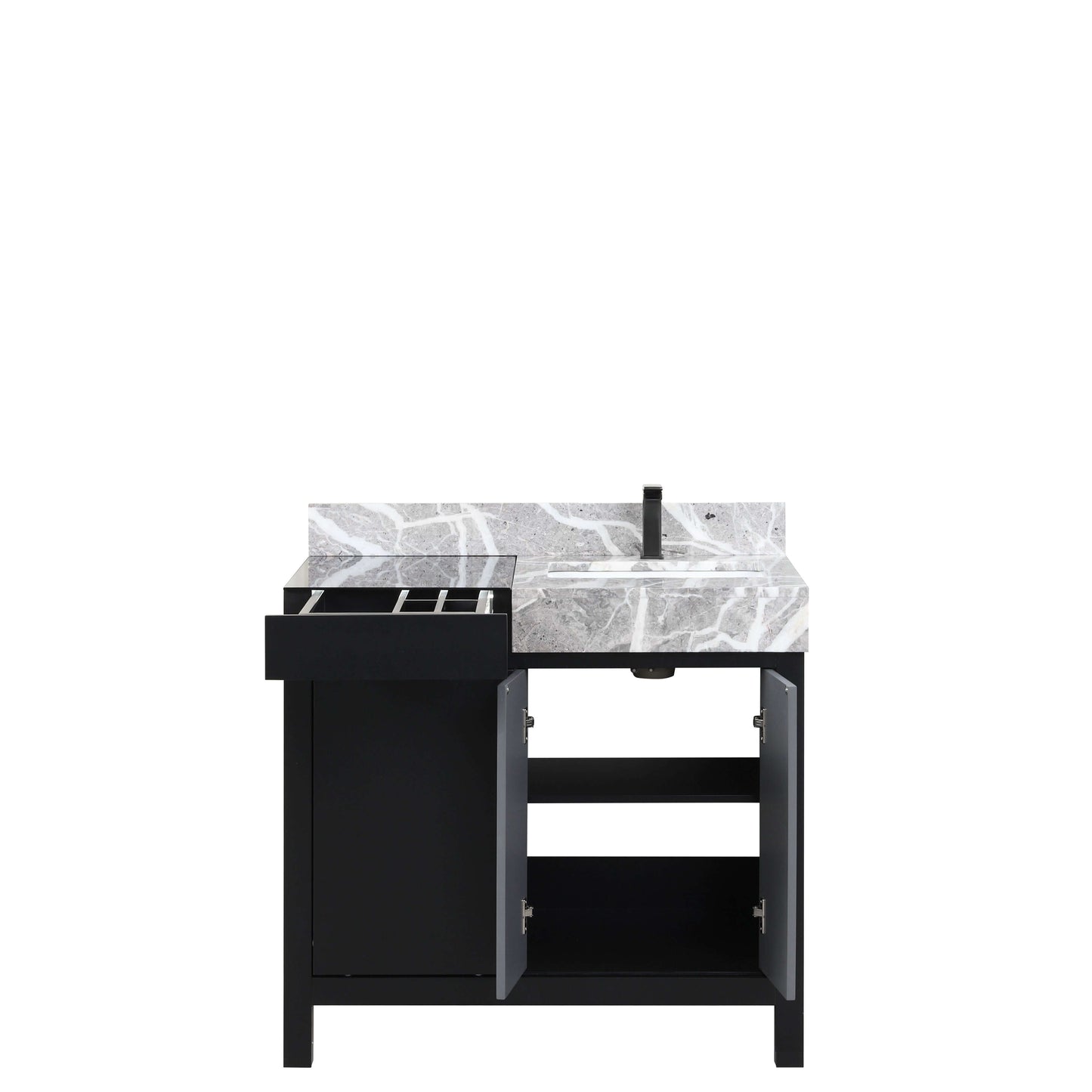 Zilara 36" Black and Grey Single Vanity, Castle Grey Marble Top, White Square Sink, and Balzani Gun Metal Faucet Set - LZ342236SLISFBG