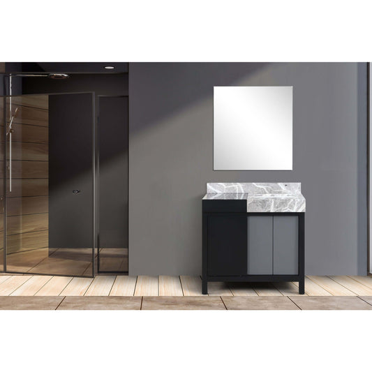 Zilara 36" Black and Grey Single Vanity, Castle Grey Marble Top, White Square Sink, and 30" Frameless Mirror - LZ342236SLISM30