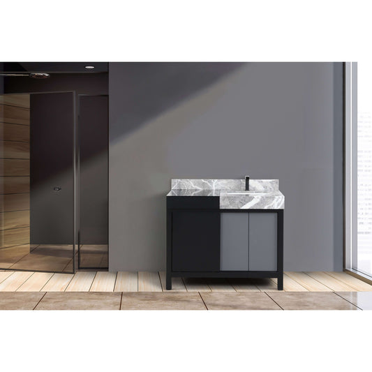 Zilara 42" Black and Grey Single Vanity, Castle Grey Marble Top, White Square Sink, and Balzani Gun Metal Faucet - LZ342242SLISFBG