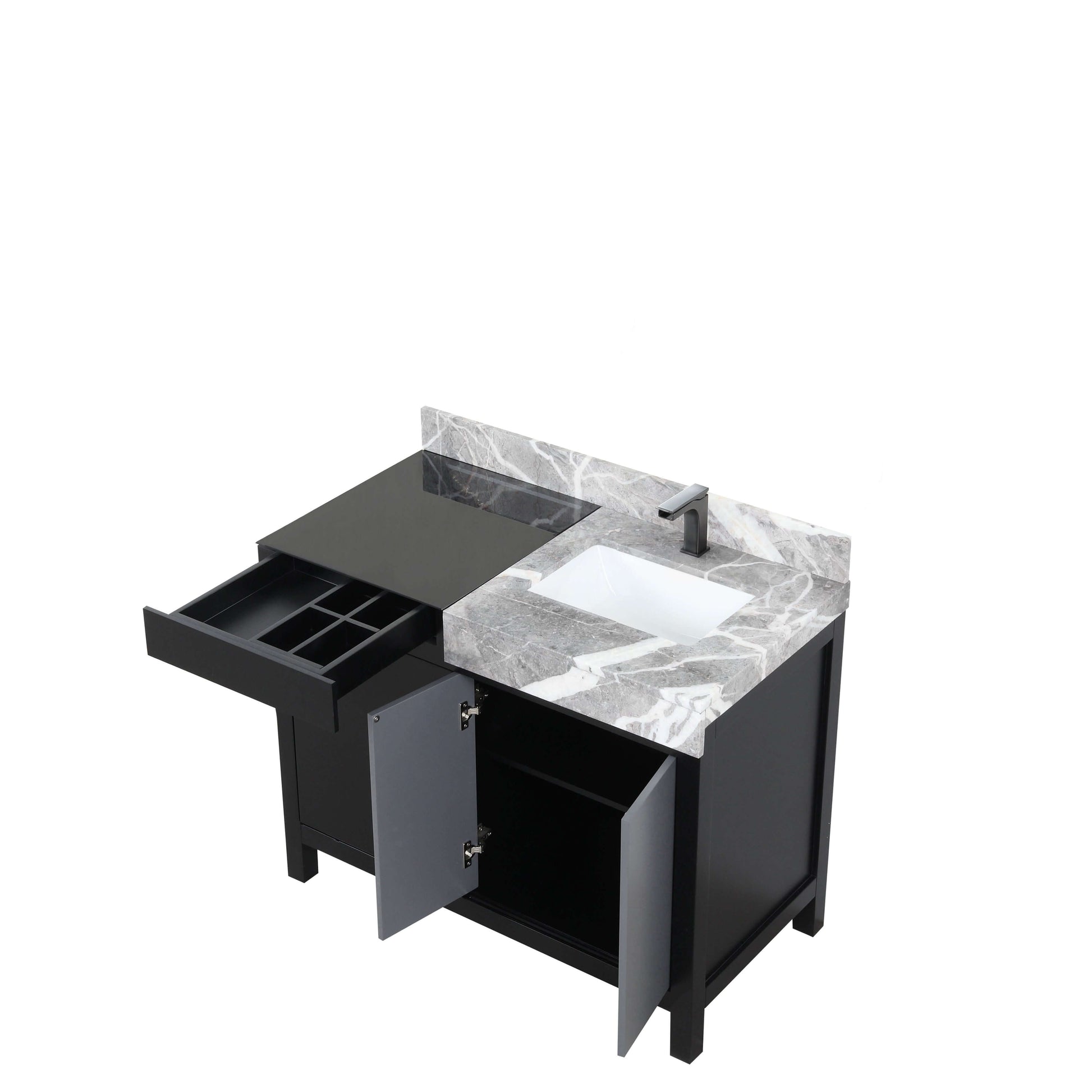 Zilara 42" Black and Grey Single Vanity, Castle Grey Marble Top, White Square Sink, and Balzani Gun Metal Faucet - LZ342242SLISFBG