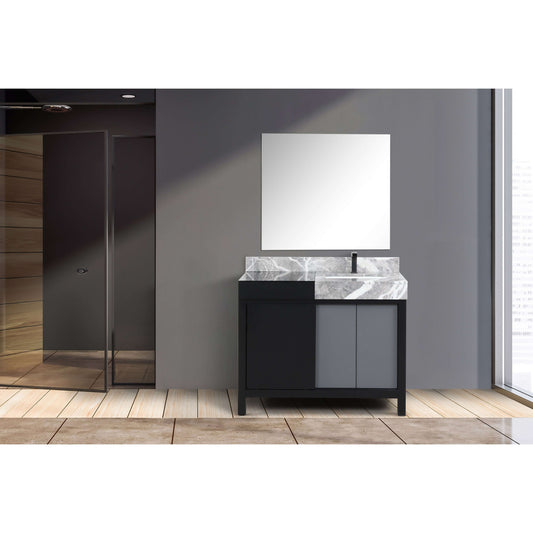 Zilara 42" Black and Grey Single Vanity, Castle Grey Marble Top, White Square Sink, Balzani Gun Metal Faucet Set, and 34" Frameless Mirror - LZ342242SLISM34FBG