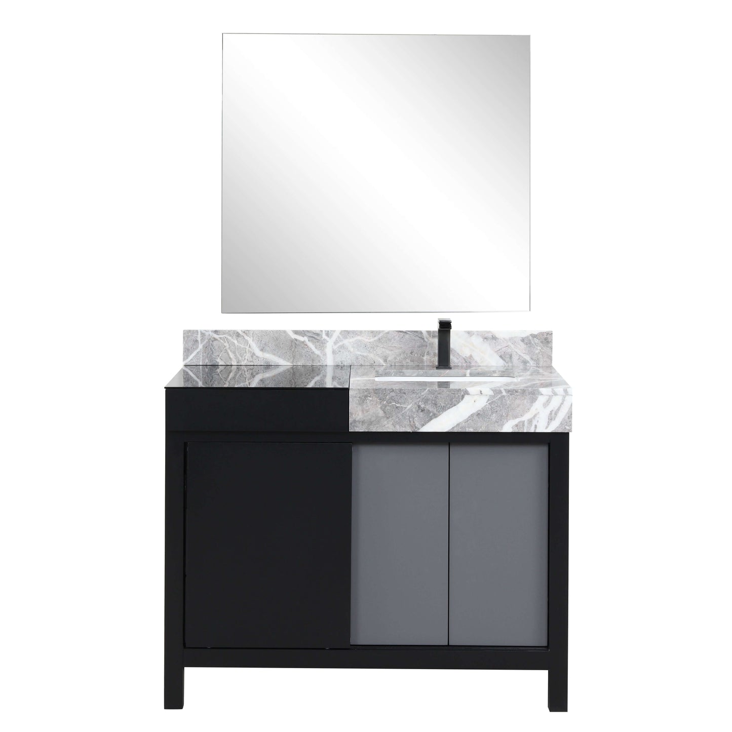 Zilara 42" Black and Grey Single Vanity, Castle Grey Marble Top, White Square Sink, Balzani Gun Metal Faucet Set, and 34" Frameless Mirror - LZ342242SLISM34FBG