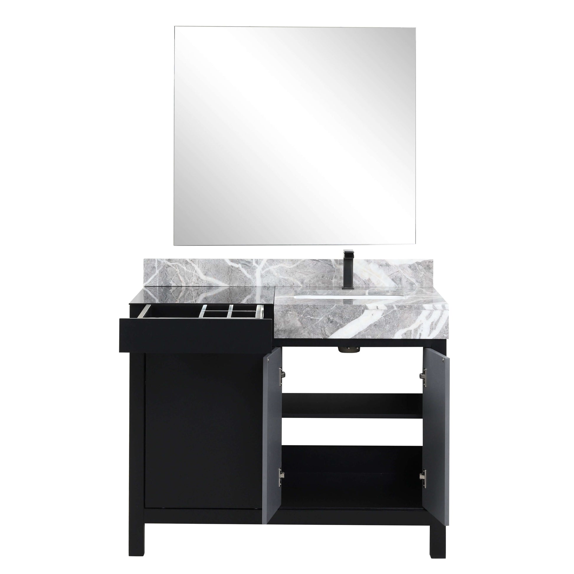 Zilara 42" Black and Grey Single Vanity, Castle Grey Marble Top, White Square Sink, Balzani Gun Metal Faucet Set, and 34" Frameless Mirror - LZ342242SLISM34FBG