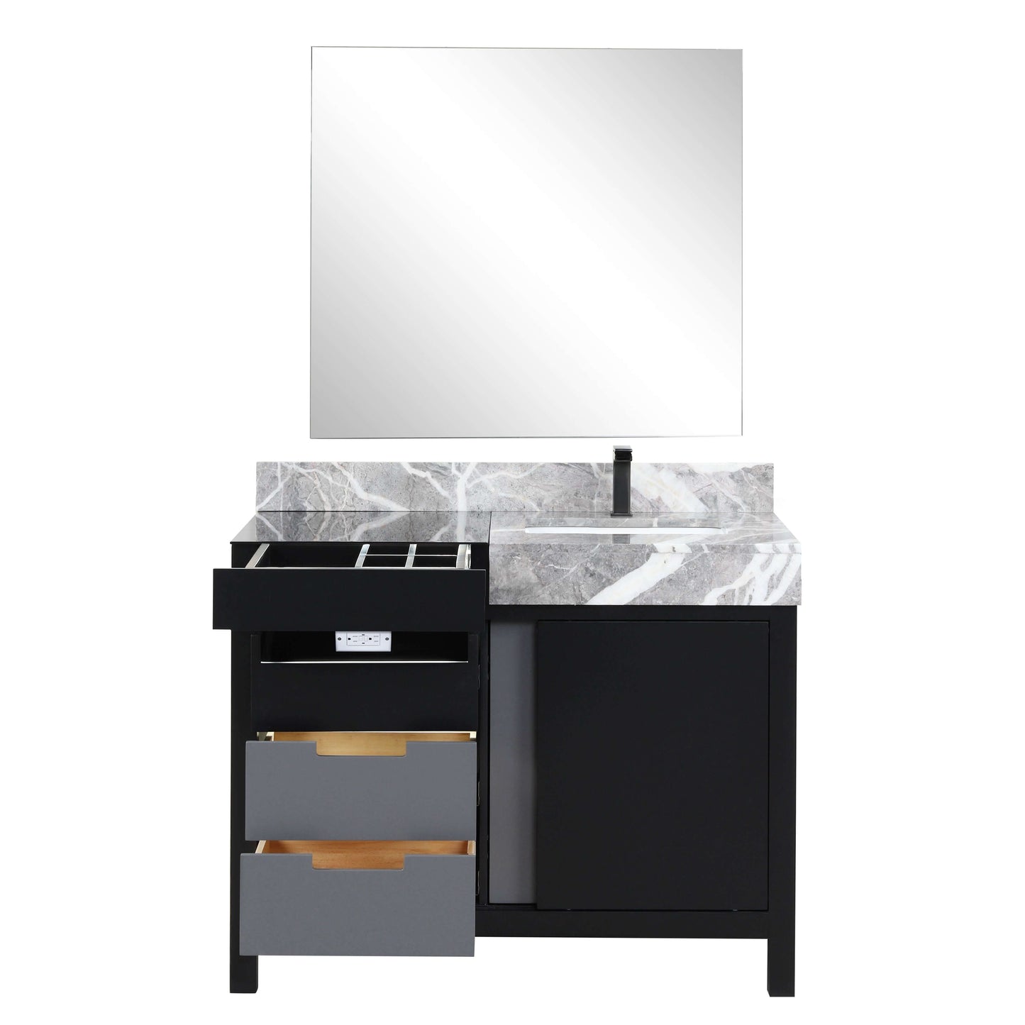 Zilara 42" Black and Grey Single Vanity, Castle Grey Marble Top, White Square Sink, Balzani Gun Metal Faucet Set, and 34" Frameless Mirror - LZ342242SLISM34FBG