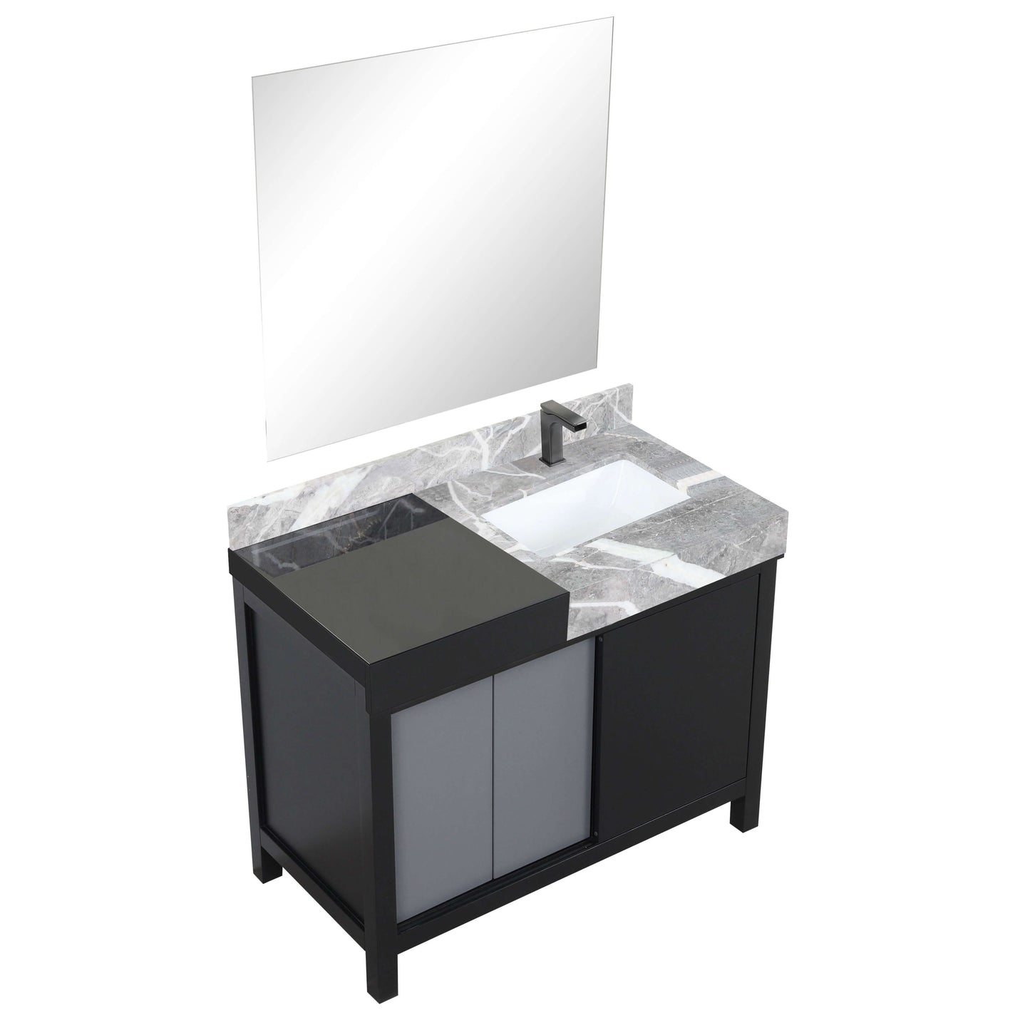 Zilara 42" Black and Grey Single Vanity, Castle Grey Marble Top, White Square Sink, Balzani Gun Metal Faucet Set, and 34" Frameless Mirror - LZ342242SLISM34FBG