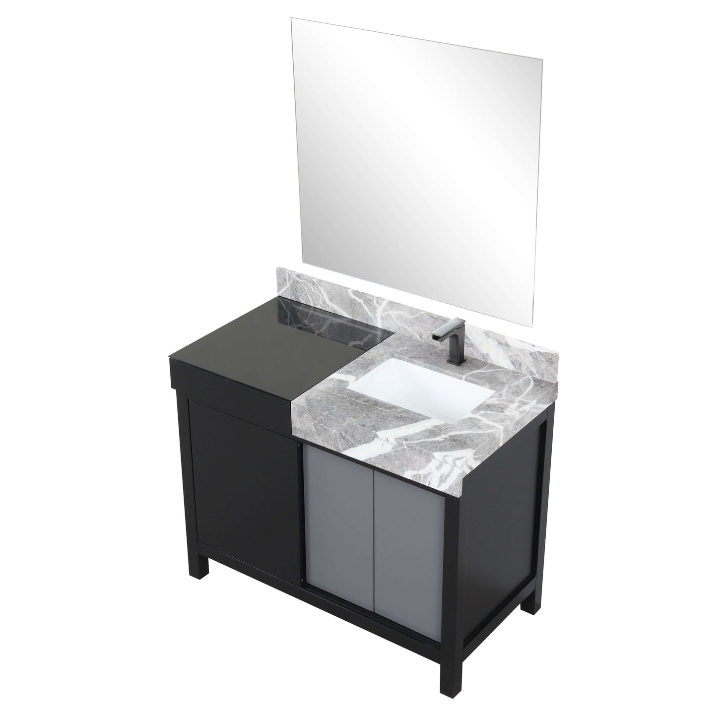 Zilara 42" Black and Grey Single Vanity, Castle Grey Marble Top, White Square Sink, Balzani Gun Metal Faucet Set, and 34" Frameless Mirror - LZ342242SLISM34FBG