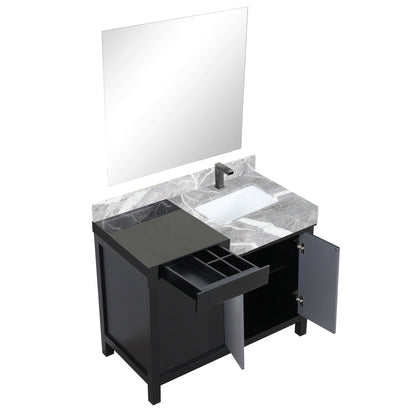 Zilara 42" Black and Grey Single Vanity, Castle Grey Marble Top, White Square Sink, Balzani Gun Metal Faucet Set, and 34" Frameless Mirror - LZ342242SLISM34FBG