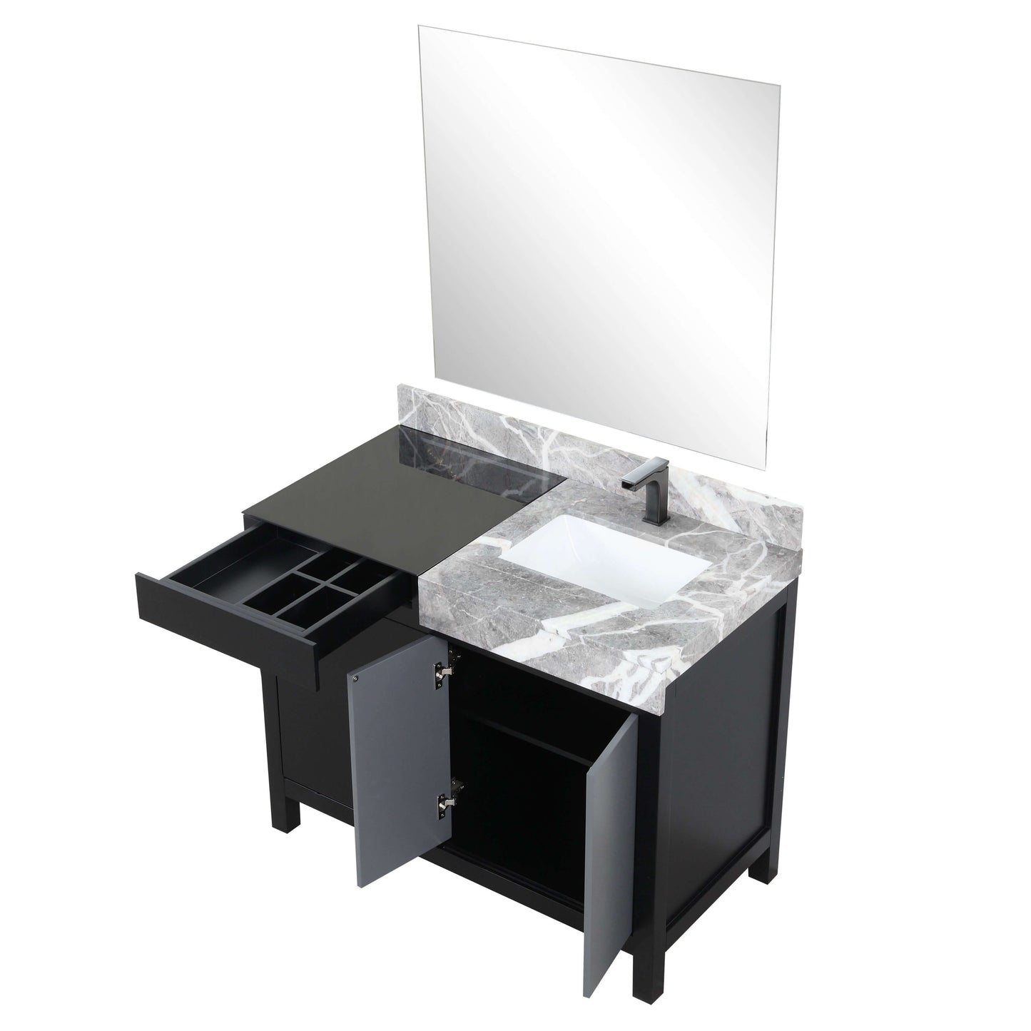 Zilara 42" Black and Grey Single Vanity, Castle Grey Marble Top, White Square Sink, Balzani Gun Metal Faucet Set, and 34" Frameless Mirror - LZ342242SLISM34FBG