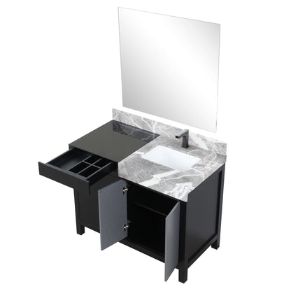 Zilara 42" Black and Grey Single Vanity, Castle Grey Marble Top, White Square Sink, Balzani Gun Metal Faucet Set, and 34" Frameless Mirror - LZ342242SLISM34FBG