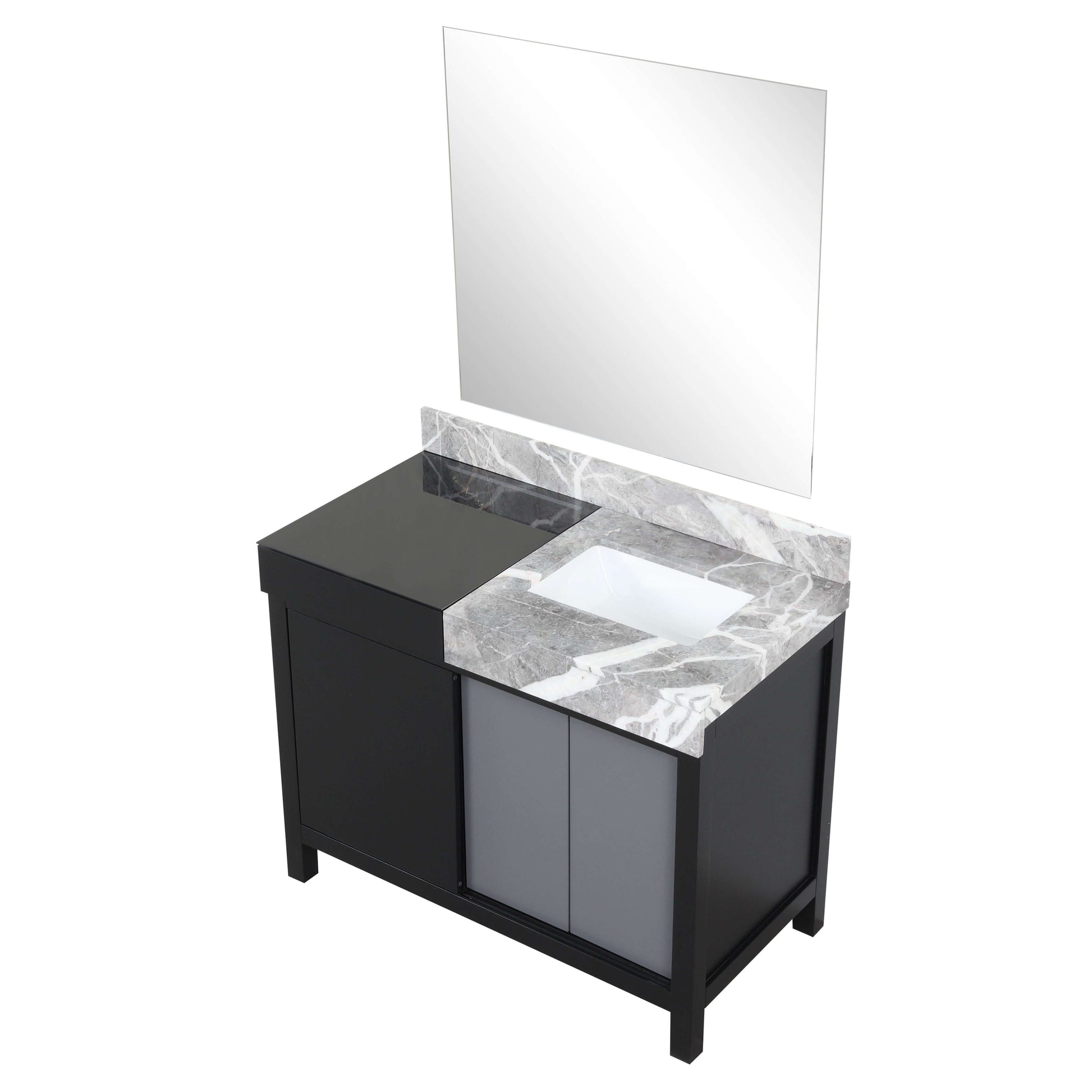 Zilara 42" Black and Grey Single Vanity, Castle Grey Marble Top, White Square Sink, and 34" Frameless Mirror - LZ342242SLISM34