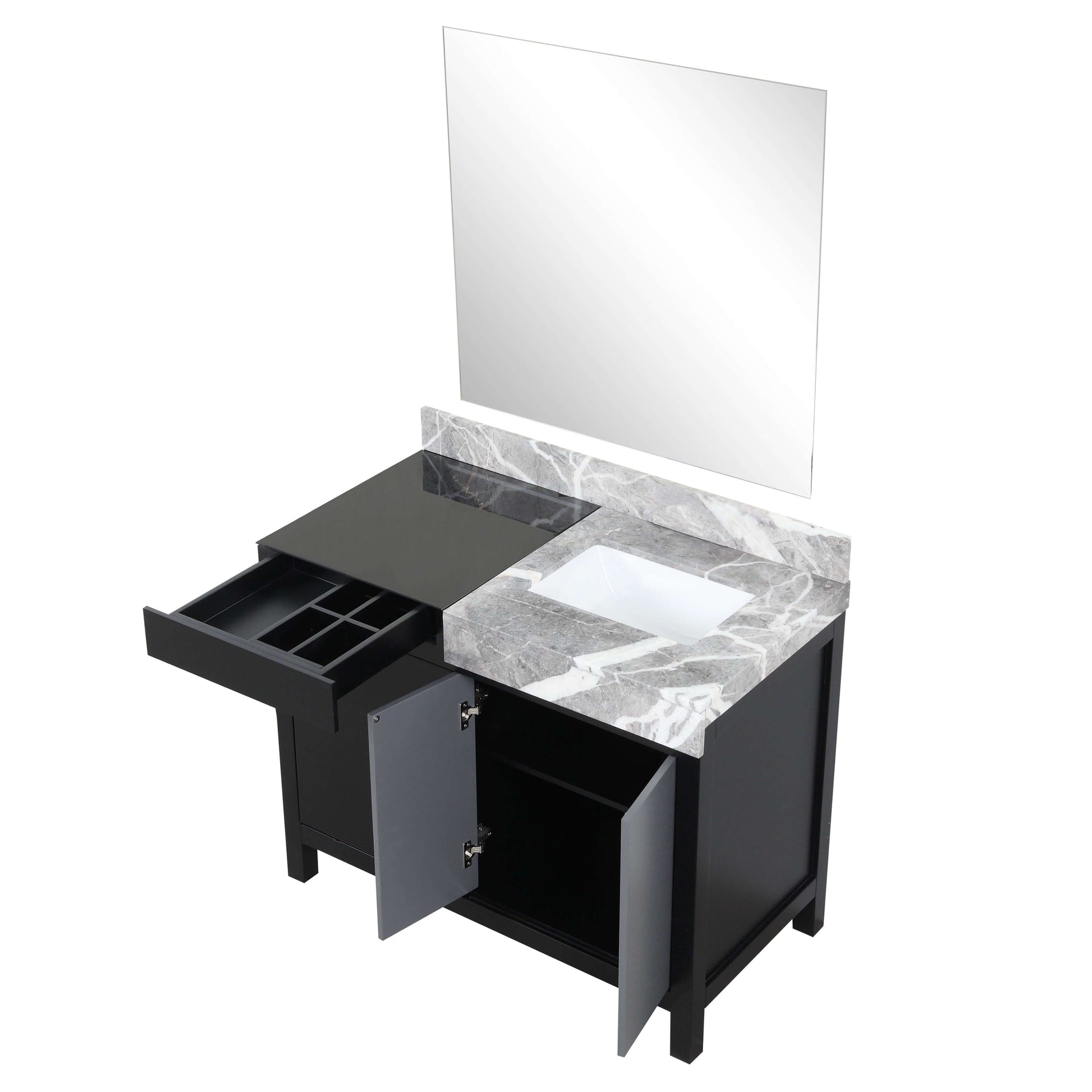 Zilara 42" Black and Grey Single Vanity, Castle Grey Marble Top, White Square Sink, and 34" Frameless Mirror - LZ342242SLISM34