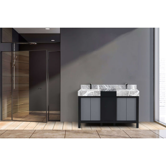 Zilara 55" Black and Grey Double Vanity, Castle Grey Marble Tops, White Square Sinks, and Balzani Gun Metal Faucet Set - LZ342255SLISFBG