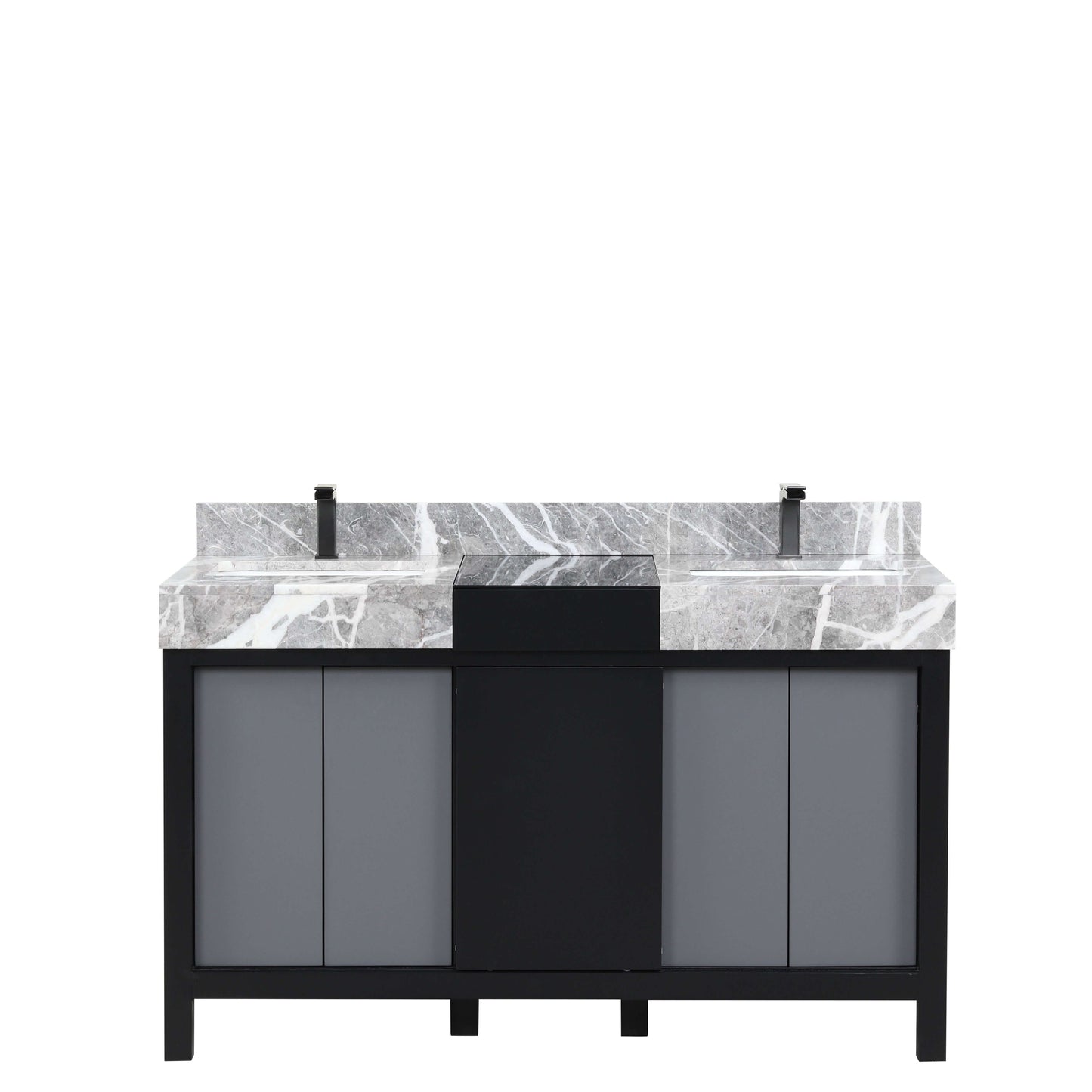 Zilara 55" Black and Grey Double Vanity, Castle Grey Marble Tops, White Square Sinks, and Balzani Gun Metal Faucet Set - LZ342255SLISFBG