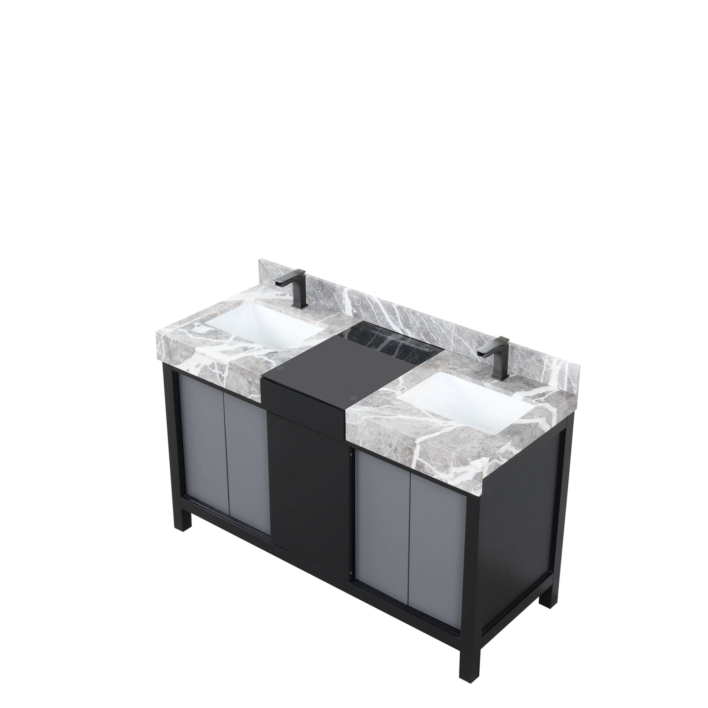 Zilara 55" Black and Grey Double Vanity, Castle Grey Marble Tops, White Square Sinks, and Balzani Gun Metal Faucet Set - LZ342255SLISFBG