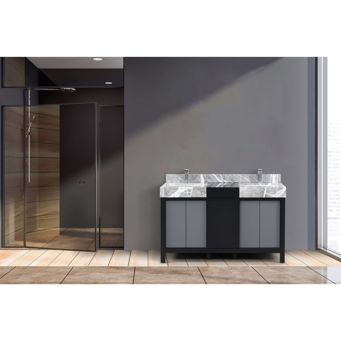 Zilara 55" Black and Grey Double Vanity, Castle Grey Marble Tops, White Square Sinks, and Balzani Gun Metal Faucet Set - LZ342255SLISFBG