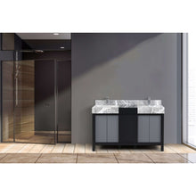 Load image into Gallery viewer, Zilara 55&quot; Black and Grey Double Vanity, Castle Grey Marble Tops, White Square Sinks, and Balzani Gun Metal Faucet Set - LZ342255SLISFBG