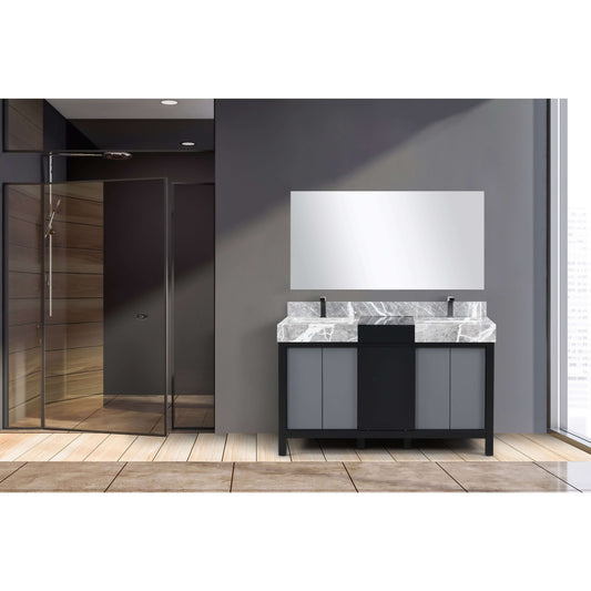 Zilara 55" Black and Grey Double Vanity, Castle Grey Marble Tops, White Square Sinks, Balzani Gun Metal Faucet Sets, and 53" Frameless Mirror - LZ342255SLISM53FBG