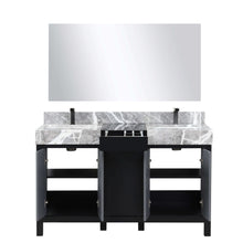 Load image into Gallery viewer, Zilara 55&quot; Black and Grey Double Vanity, Castle Grey Marble Tops, White Square Sinks, Balzani Gun Metal Faucet Sets, and 53&quot; Frameless Mirror - LZ342255SLISM53FBG