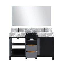Load image into Gallery viewer, Zilara 55&quot; Black and Grey Double Vanity, Castle Grey Marble Tops, White Square Sinks, Balzani Gun Metal Faucet Sets, and 53&quot; Frameless Mirror - LZ342255SLISM53FBG