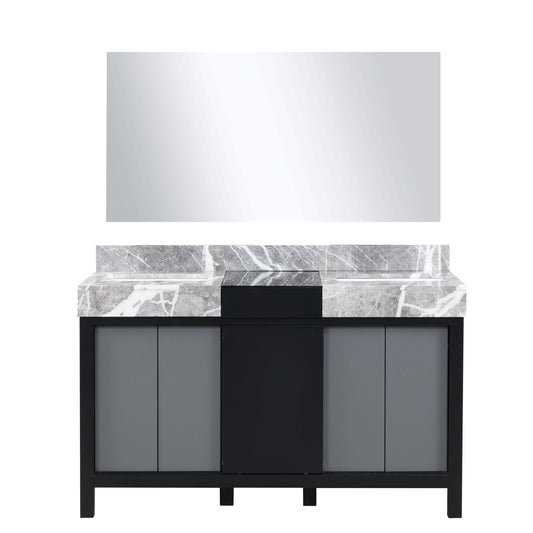 Zilara 55" Black and Grey Double Vanity, Castle Grey Marble Tops, White Square Sinks, and 53" Frameless Mirror - LZ342255SLISM53