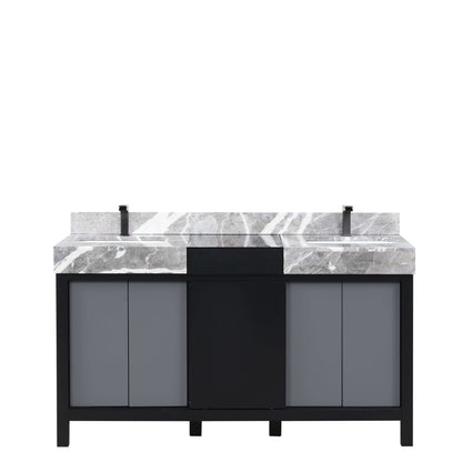 Zilara 60" Black and Grey Double Vanity, Castle Grey Marble Tops, White Square Sinks, and Balzani Gun Metal Faucet Set - LZ342260DLISFBG