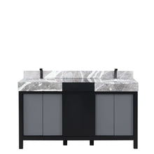 Load image into Gallery viewer, Zilara 60&quot; Black and Grey Double Vanity, Castle Grey Marble Tops, White Square Sinks, and Balzani Gun Metal Faucet Set - LZ342260DLISFBG
