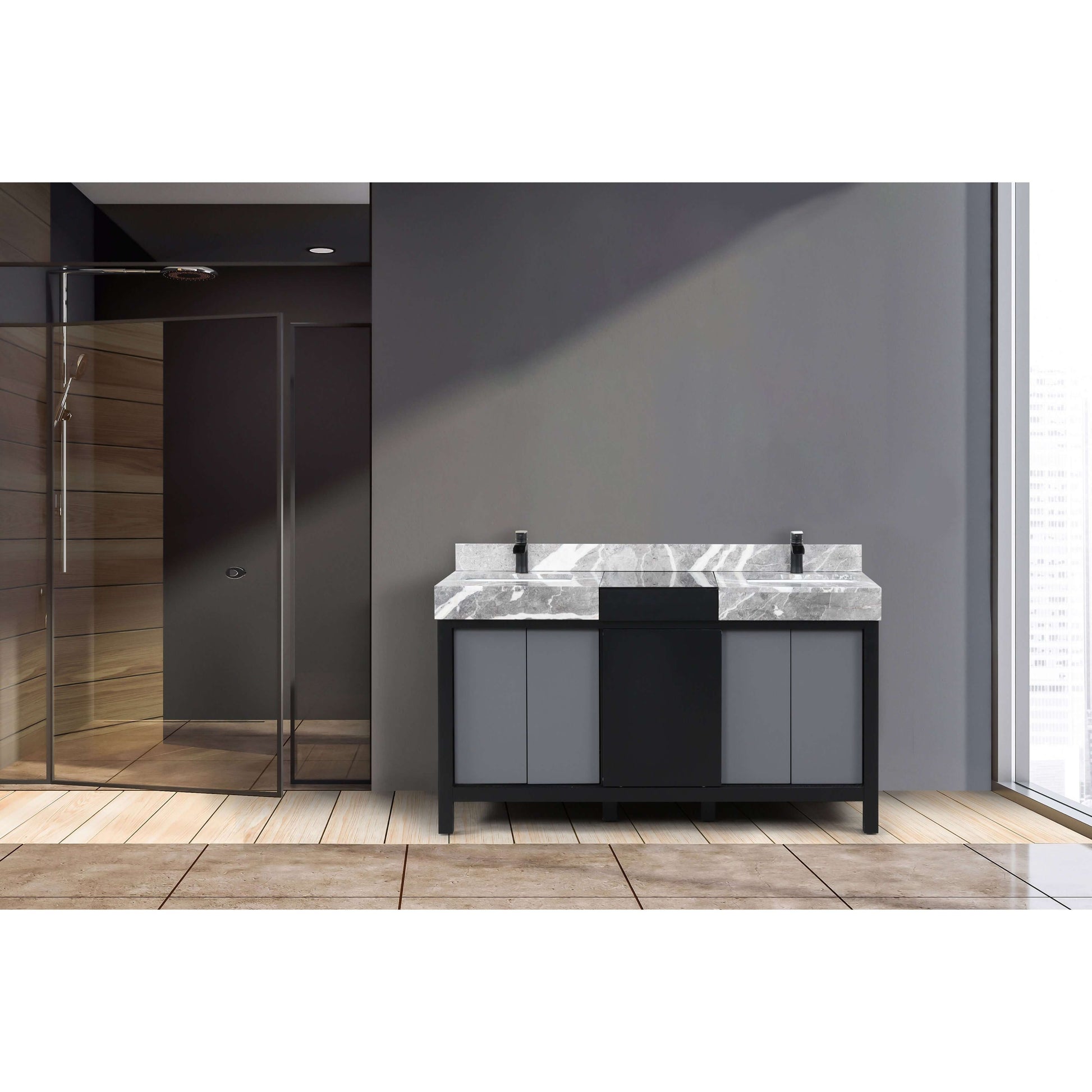 Zilara 60" Black and Grey Double Vanity, Castle Grey Marble Tops, White Square Sinks, and Balzani Gun Metal Faucet Set - LZ342260DLISFBG