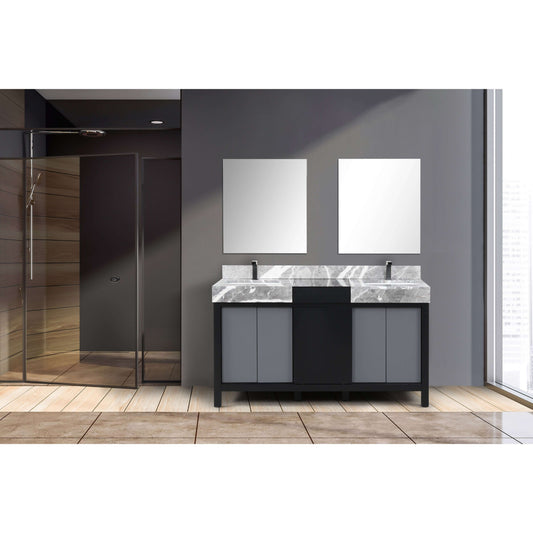 Zilara 60" Black and Grey Double Vanity, Castle Grey Marble Tops, White Square Sinks, Balzani Gun Metal Faucet Set, and 28" Frameless Mirrors - LZ342260DLISM28FBG