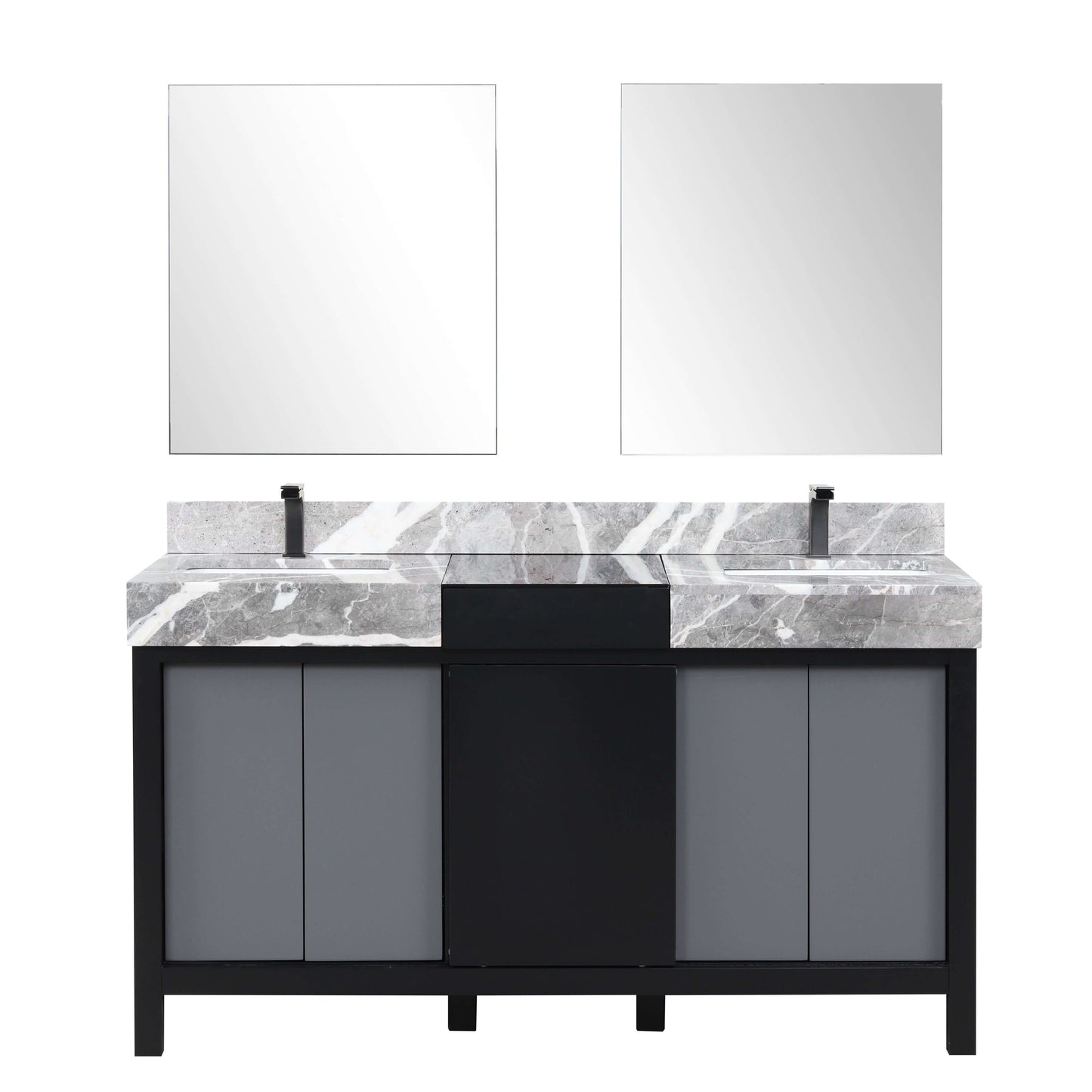 Zilara 60" Black and Grey Double Vanity, Castle Grey Marble Tops, White Square Sinks, Balzani Gun Metal Faucet Set, and 28" Frameless Mirrors - LZ342260DLISM28FBG