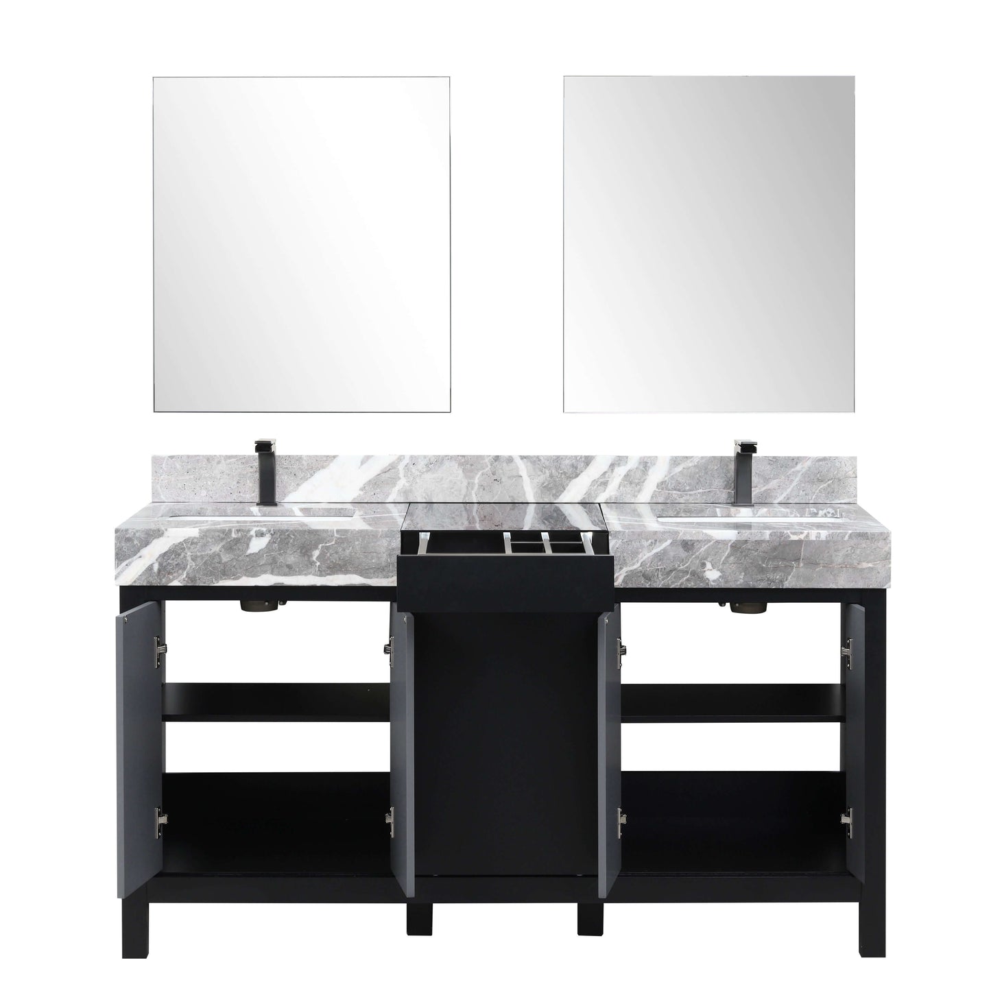 Zilara 60" Black and Grey Double Vanity, Castle Grey Marble Tops, White Square Sinks, Balzani Gun Metal Faucet Set, and 28" Frameless Mirrors - LZ342260DLISM28FBG