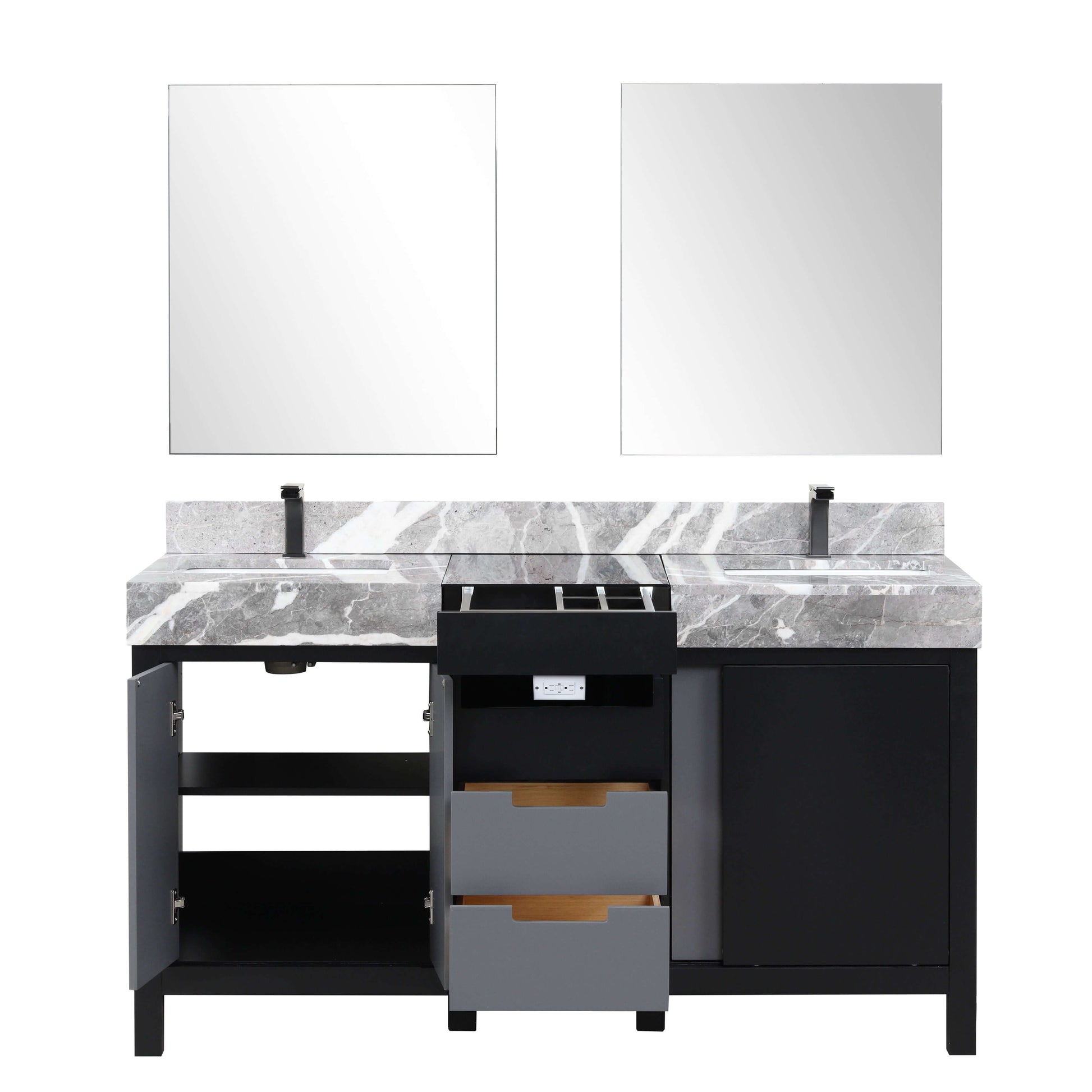 Zilara 60" Black and Grey Double Vanity, Castle Grey Marble Tops, White Square Sinks, Balzani Gun Metal Faucet Set, and 28" Frameless Mirrors - LZ342260DLISM28FBG