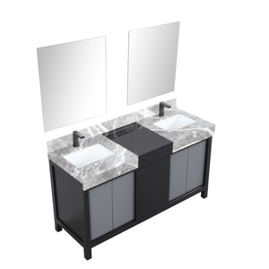 Zilara 60" Black and Grey Double Vanity, Castle Grey Marble Tops, White Square Sinks, Balzani Gun Metal Faucet Set, and 28" Frameless Mirrors - LZ342260DLISM28FBG