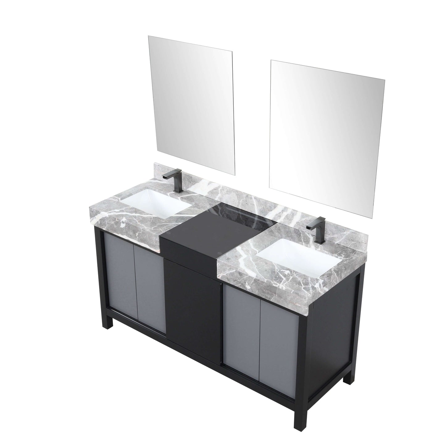 Zilara 60" Black and Grey Double Vanity, Castle Grey Marble Tops, White Square Sinks, Balzani Gun Metal Faucet Set, and 28" Frameless Mirrors - LZ342260DLISM28FBG