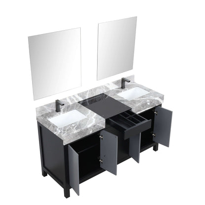 Zilara 60" Black and Grey Double Vanity, Castle Grey Marble Tops, White Square Sinks, Balzani Gun Metal Faucet Set, and 28" Frameless Mirrors - LZ342260DLISM28FBG