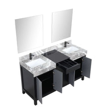 Load image into Gallery viewer, Zilara 60&quot; Black and Grey Double Vanity, Castle Grey Marble Tops, White Square Sinks, Balzani Gun Metal Faucet Set, and 28&quot; Frameless Mirrors - LZ342260DLISM28FBG