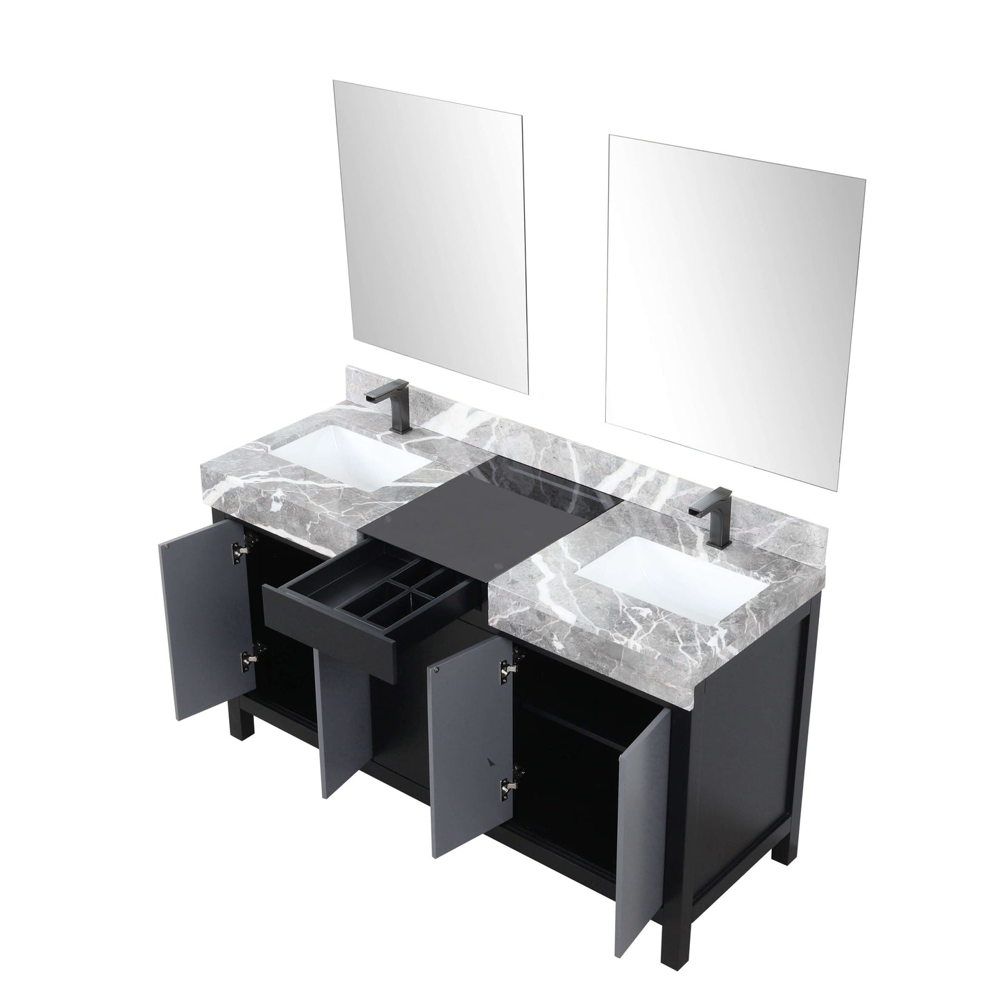 Zilara 60" Black and Grey Double Vanity, Castle Grey Marble Tops, White Square Sinks, Balzani Gun Metal Faucet Set, and 28" Frameless Mirrors - LZ342260DLISM28FBG