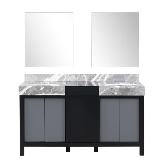 Zilara 60" Black and Grey Double Vanity, Castle Grey Marble Tops, White Square Sinks, and 28" Frameless Mirrors - LZ342260DLISM28