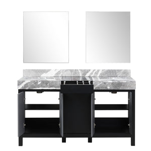 Zilara 60" Black and Grey Double Vanity, Castle Grey Marble Tops, White Square Sinks, and 28" Frameless Mirrors - LZ342260DLISM28